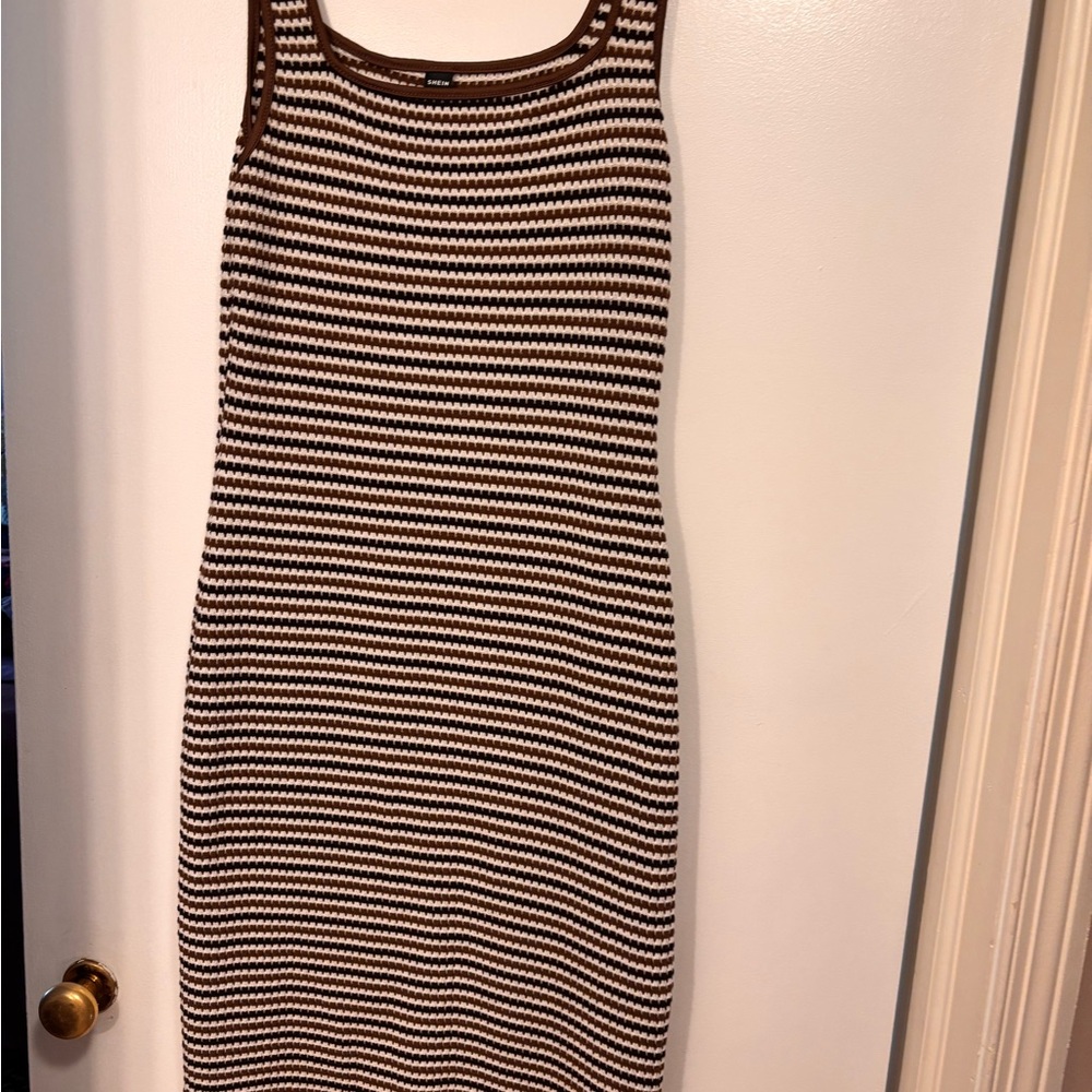 SHEIN Brown & White Striped Knit Maxi Tank Dress